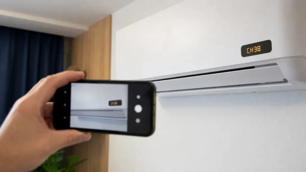 Visor de ar-condicionado split exibindo o código CH38
