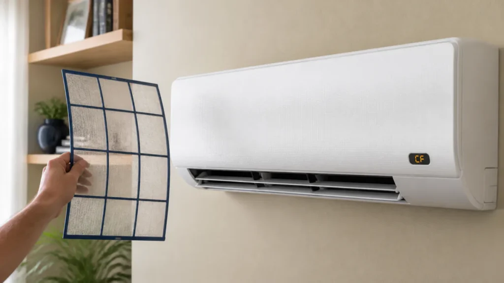 Filtro de ar-condicionado split ao lado do visor com aviso CF